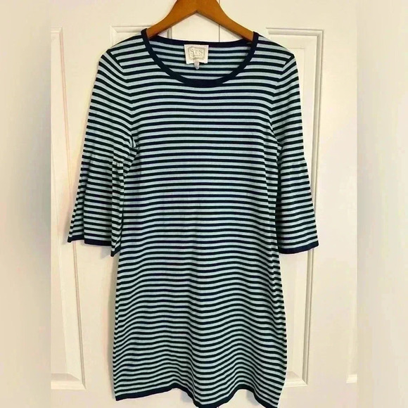Sail to Sable STS Navy and Aqua Striped Bell Sleeve Sweater Dress M - Picture 1 of 11